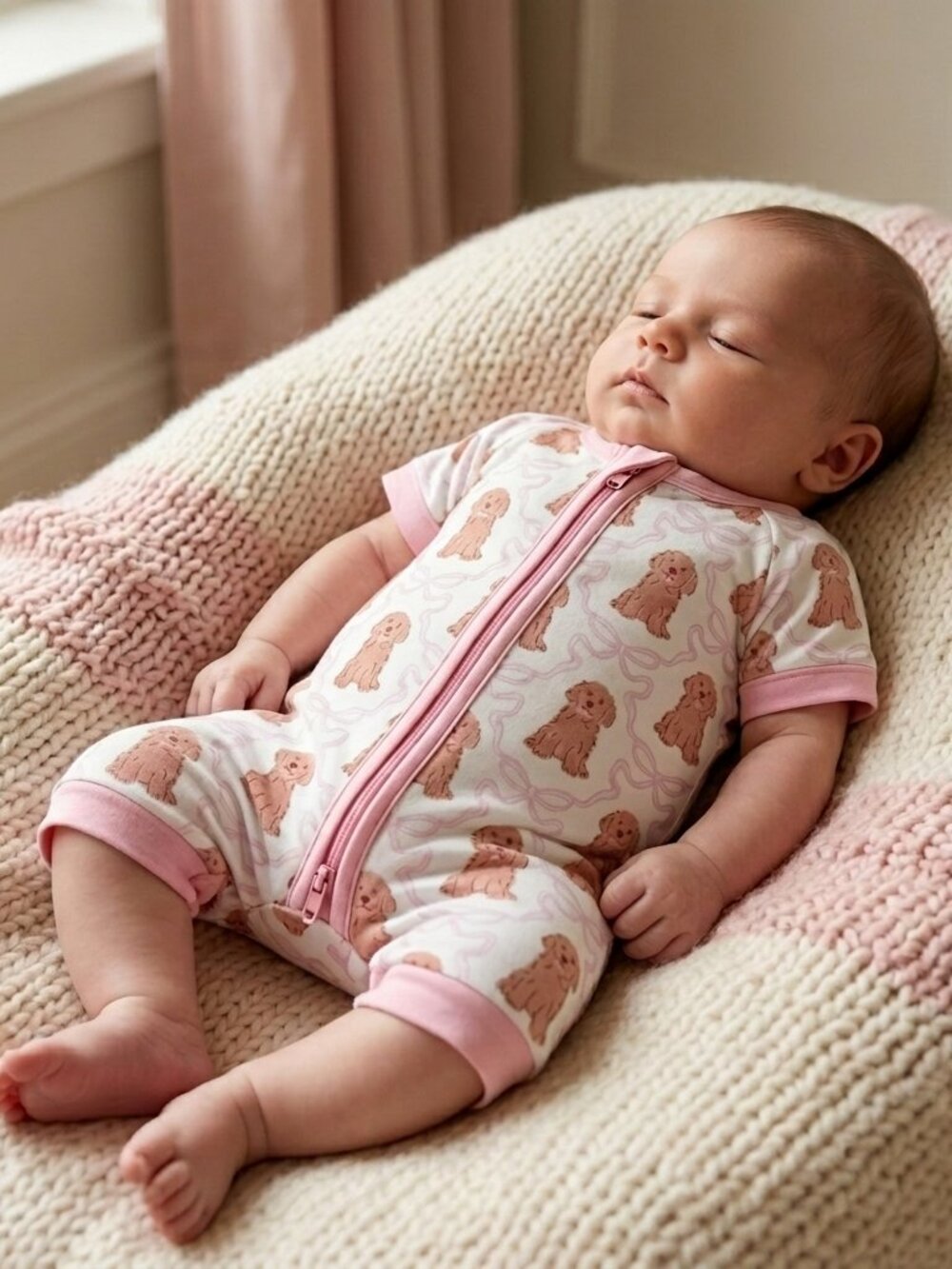 Bamboo Puppy Bow Zippy Romper 3M | 2 Way Zip Pajamas | Soft Stretch - Picture 2 of 4